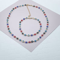 18k Gold Layered Multi Color Evil Eye Bracelet Necklace Set