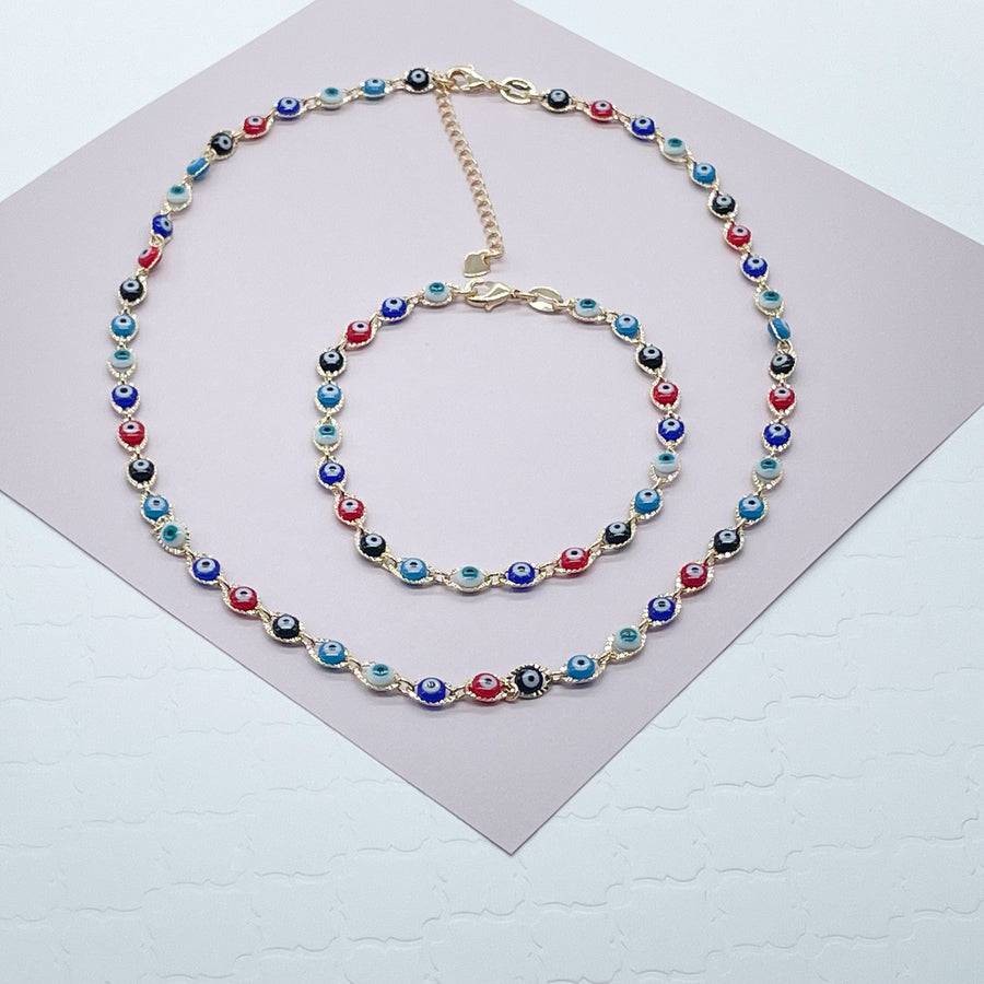 18k Gold Layered Multi Color Evil Eye Bracelet Necklace Set