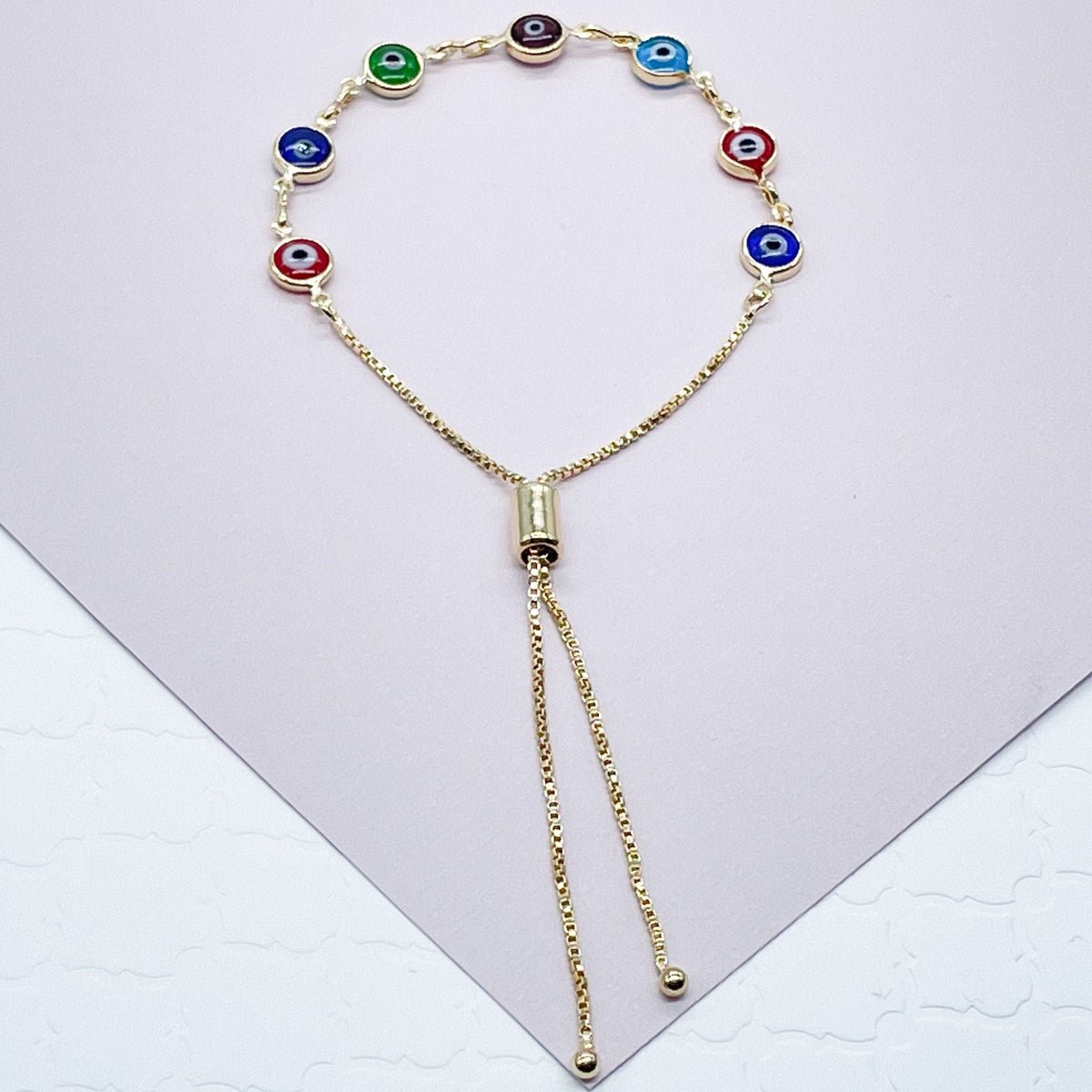 18k Gold Layered Adjustable Evil Eye Bracelet Featuring Slide Clasp