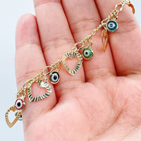 18k Gold Layered Charm Bracelet Featuring Seven Hearts and Seven Colorful Evil
