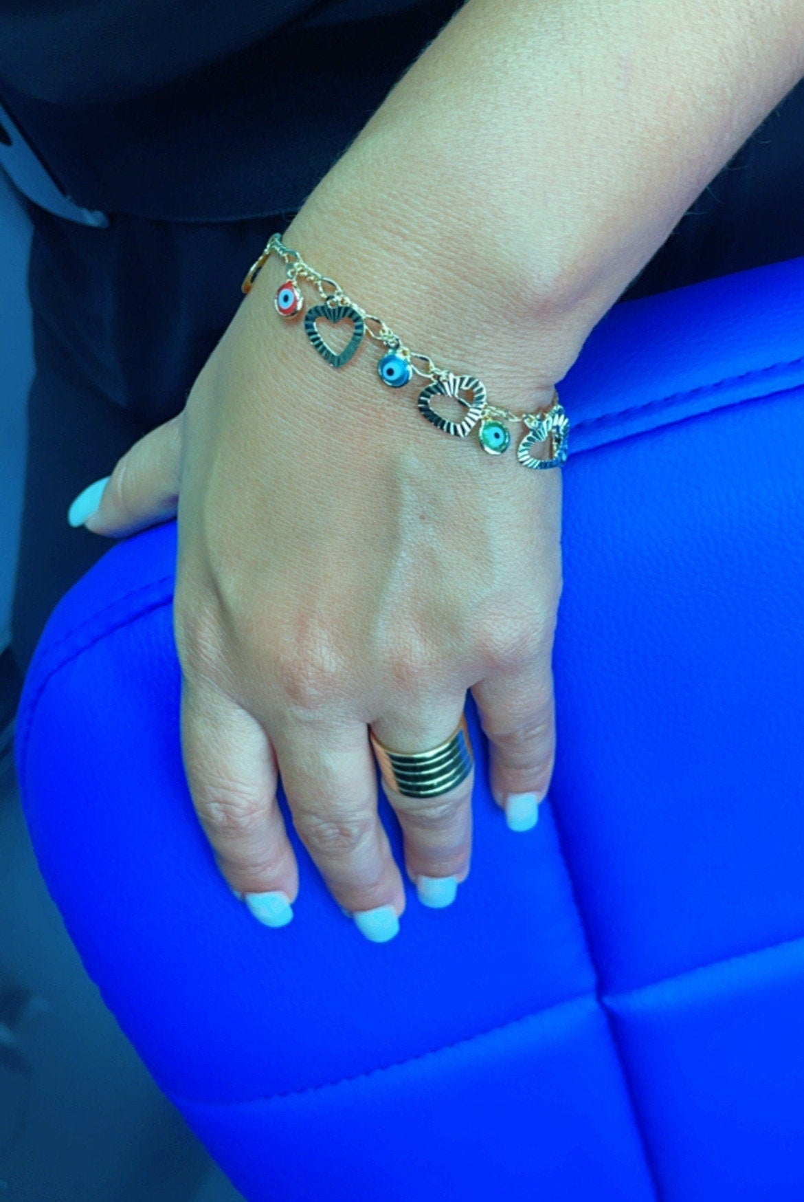 18k Gold Layered Charm Bracelet Featuring Seven Hearts and Seven Colorful Evil