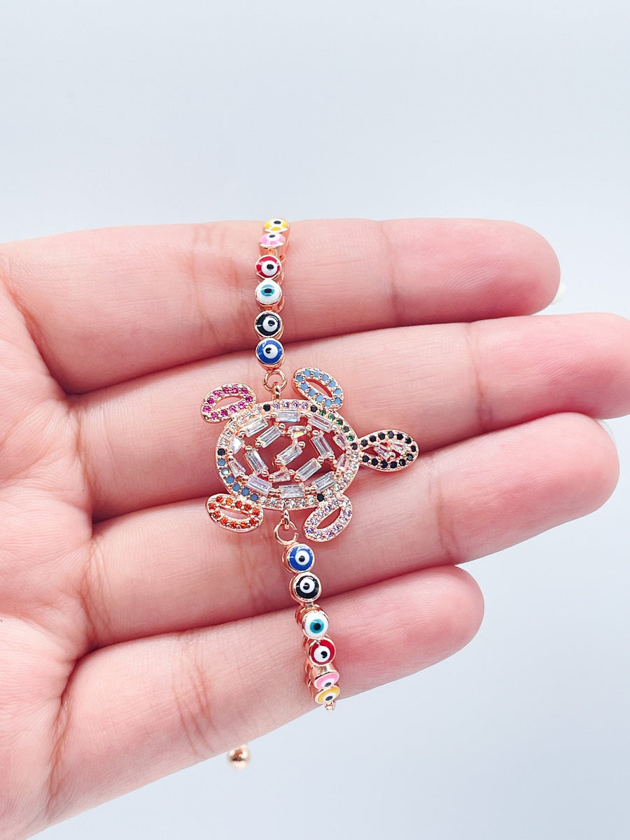 18k Gold Layered Adjustable Multicolor Cubic Zirconia Turtle Bracelet Featuring