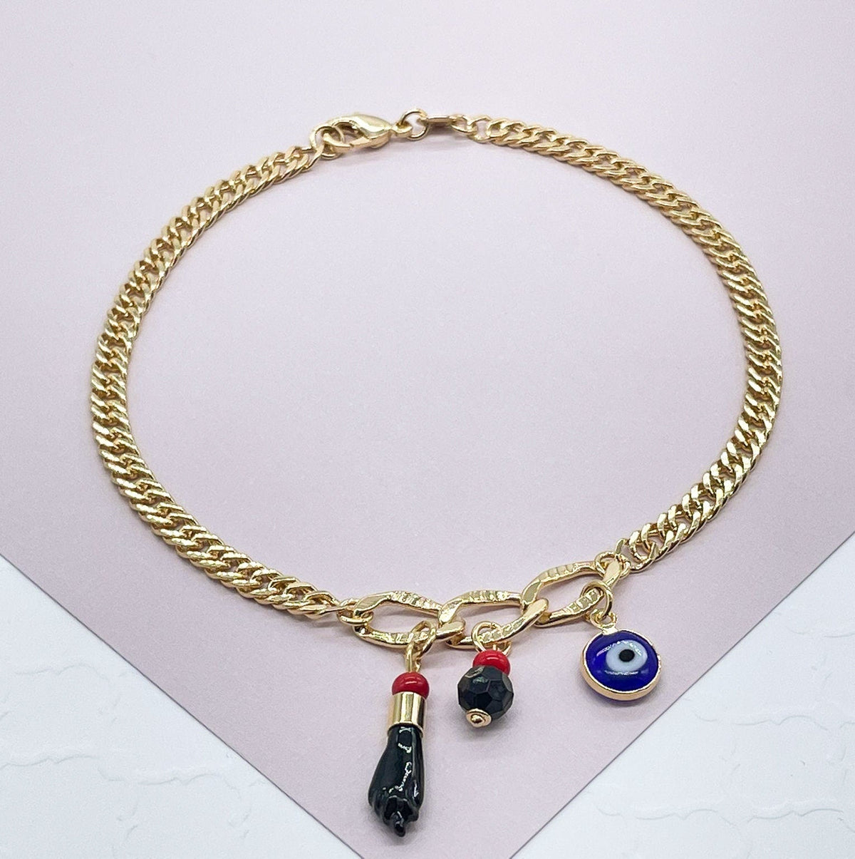 18k Gold Layered Protection Anklet Made With Cuban Link Chain And Featuring 3
