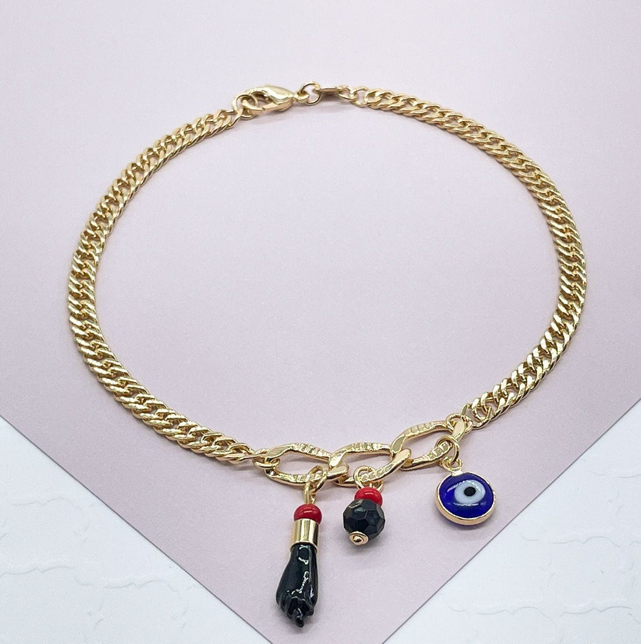 18k Gold Layered Protection Anklet Made With Cuban Link Chain And Featuring 3