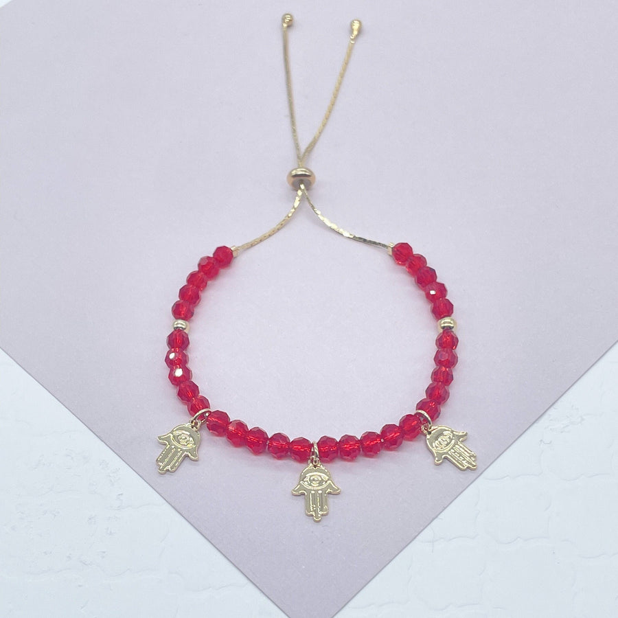 Slide Clasp 18k Gold Layered Colorful Beaded And Hamsa Charm Bracelet, Protection