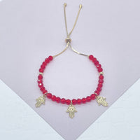 Slide Clasp 18k Gold Filled Colorful Beaded And Hamsa Charm Bracelet, Protection Adjustable Dainty Bracelet
