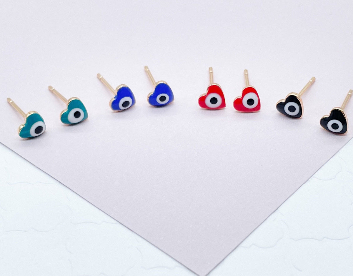 18k Gold Filled Little Heart Shaped Evil Eye Stud Earrings Hypoallergenic