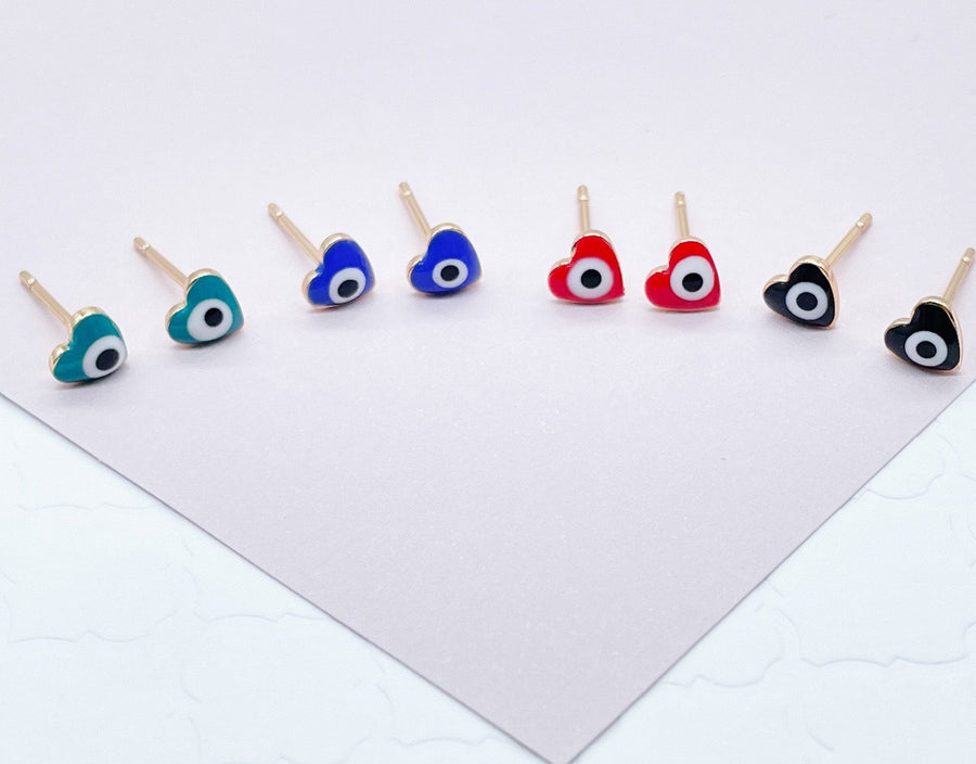 18k Gold Filled Little Heart Shaped Evil Eye Stud Earrings Hypoallergenic