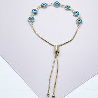18k Gold Layered Adjustable Evil Eye Bracelet Featuring Slide Clasp