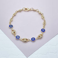18k Gold Layered Mariner Link Mixed Blue Eye Bracelet And Necklace
