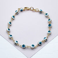 18k Gold Layered 16 Small Blue Evil Eye Connected Bracelet Hypoallergenic