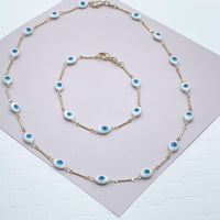 18k Gold Layered Baby Blue Evil Eye Bracelet Necklace Set