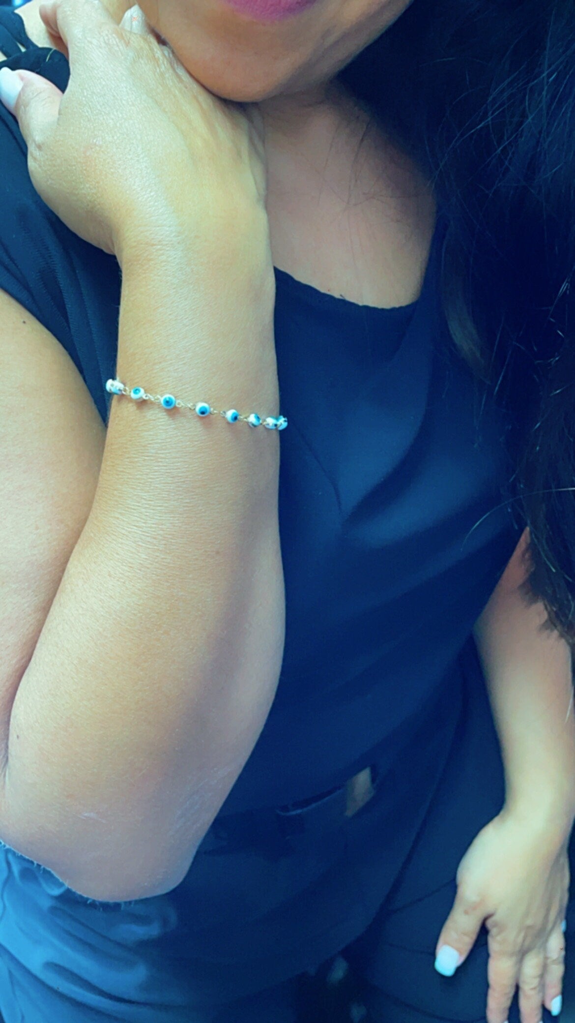 18k Gold Layered 16 Small Blue Evil Eye Connected Bracelet Hypoallergenic