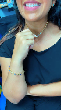 18k Gold Layered Mariner Link Mixed Blue Eye Bracelet And Necklace