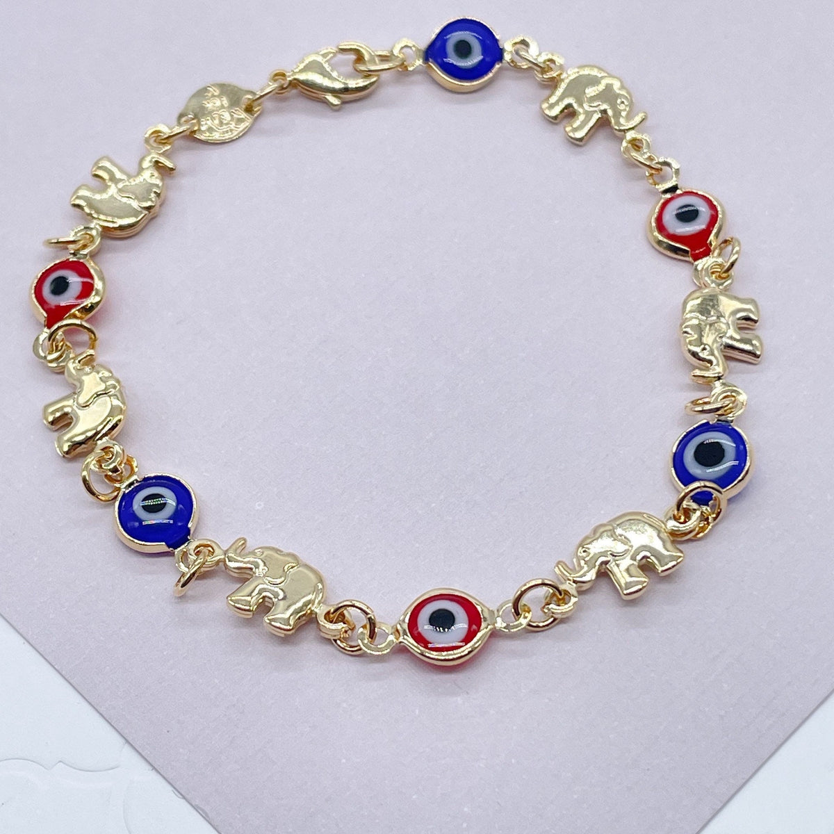 18k Gold Filled Elephant and Evil Eye Bracelet Featuring Red And Blue Evil