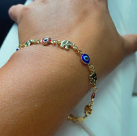 18k Gold Filled Elephant and Evil Eye Bracelet Featuring Red And Blue Evil