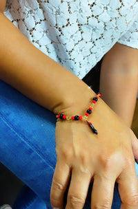 18k Gold Layered Protection "Figa" Hand Bracelet, Mano Fico, Black and Red