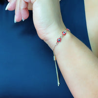 18k Gold Layered Adjustable Evil Eye Bracelet Featuring Slide Clasp