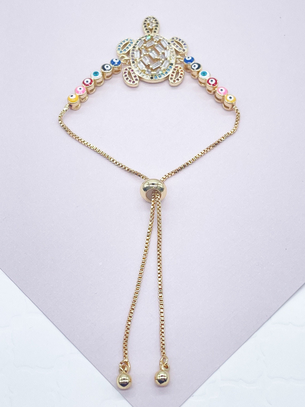 18k Gold Layered Adjustable Multicolor Cubic Zirconia Turtle Bracelet Featuring