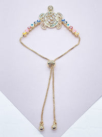 18k Gold Layered Adjustable Multicolor Cubic Zirconia Turtle Bracelet Featuring