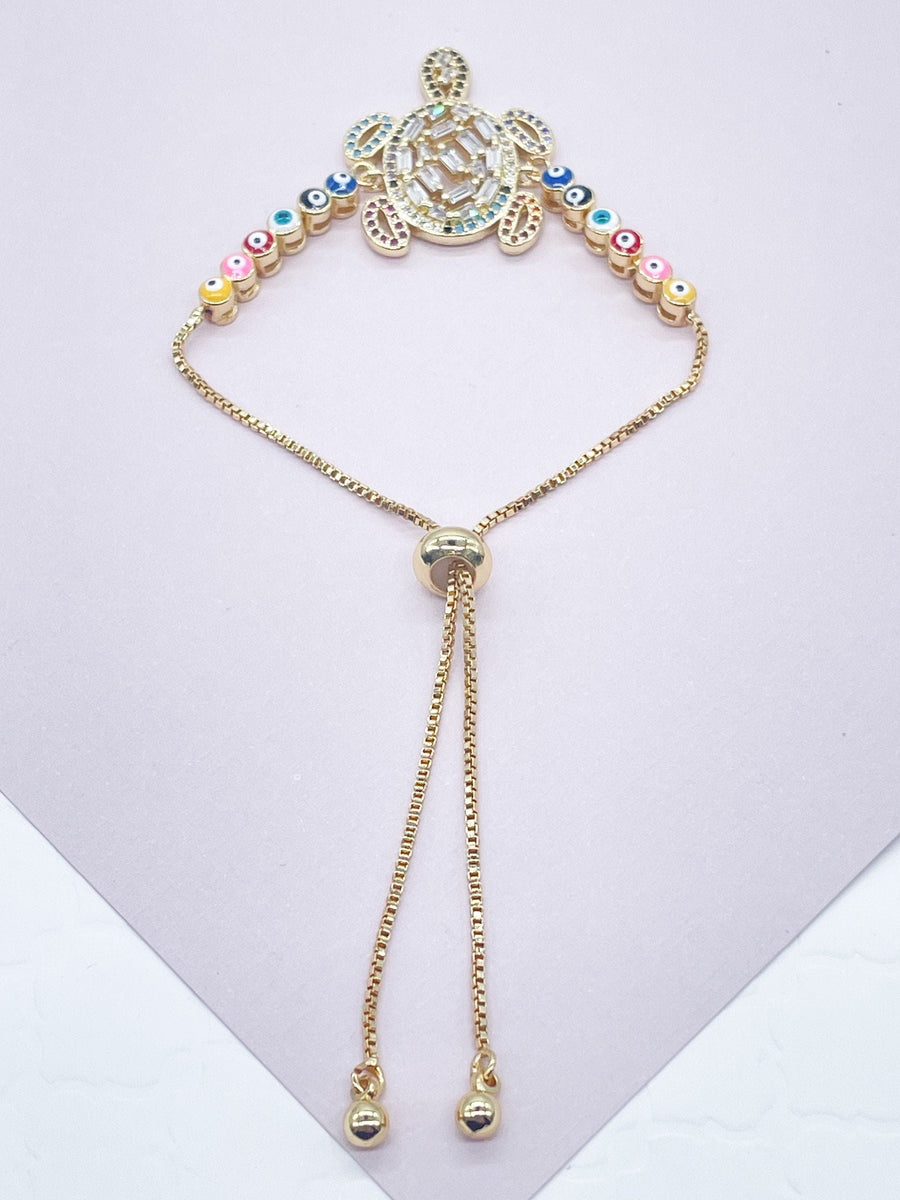 18k Gold Layered Adjustable Multicolor Cubic Zirconia Turtle Bracelet Featuring