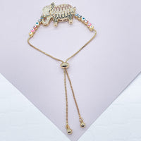 18k Gold Layered Adjustable Multicolor Cubic Zirconia Elephant Bracelet Featuring