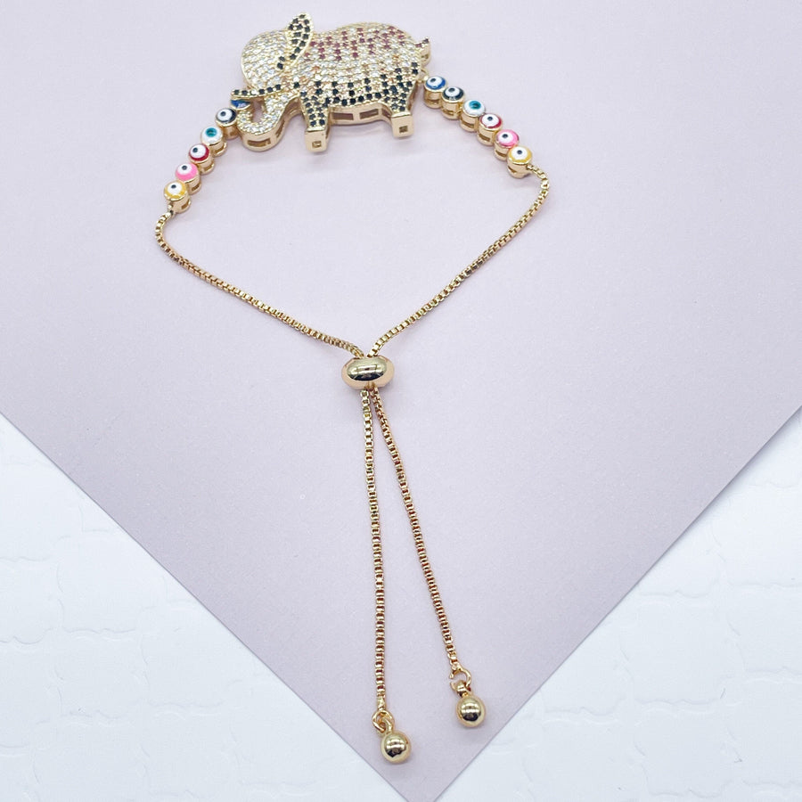 18k Gold Layered Adjustable Multicolor Cubic Zirconia Elephant Bracelet Featuring