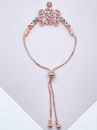 18k Gold Layered Adjustable Multicolor Cubic Zirconia Turtle Bracelet Featuring