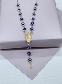 18k Gold Layered Evil Eye Fashion Rosary Style Necklace Featuring Our Lady Of