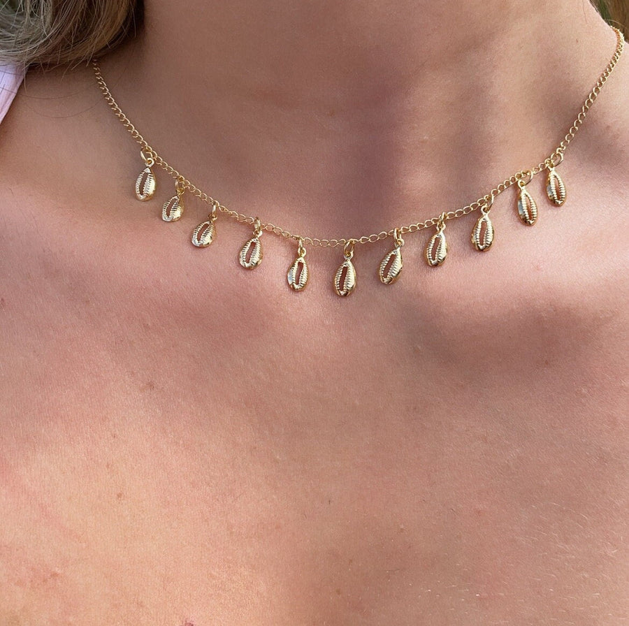18k Gold Layered Dainty Chain with Eleven Extra Light Cowrie Shell Charms,