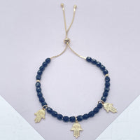 Slide Clasp 18k Gold Filled Colorful Beaded And Hamsa Charm Bracelet, Protection Adjustable Dainty Bracelet