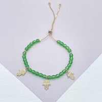 Slide Clasp 18k Gold Layered Colorful Beaded And Hamsa Charm Bracelet, Protection
