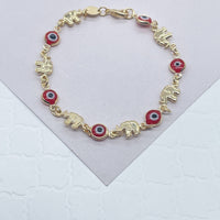 18k Gold Layered Elephant and Evil Eye Bracelet Featuring Red And Blue Evil