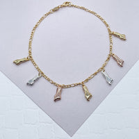 18k Gold Layered Thin Figaro Anklet with Tri-Color "Figa", Silver, Gold And