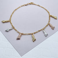 18k Gold Layered Thin Figaro Anklet with Tri-Color "Figa", Silver, Gold And