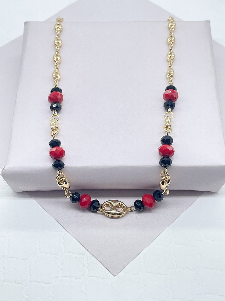 18k Gold Layered Puffy Mariner Link, Simulated Azabache, Red Shiny Bead Set,