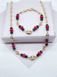 18k Gold Layered Puffy Mariner Link, Simulated Azabache, Red Shiny Bead Set,