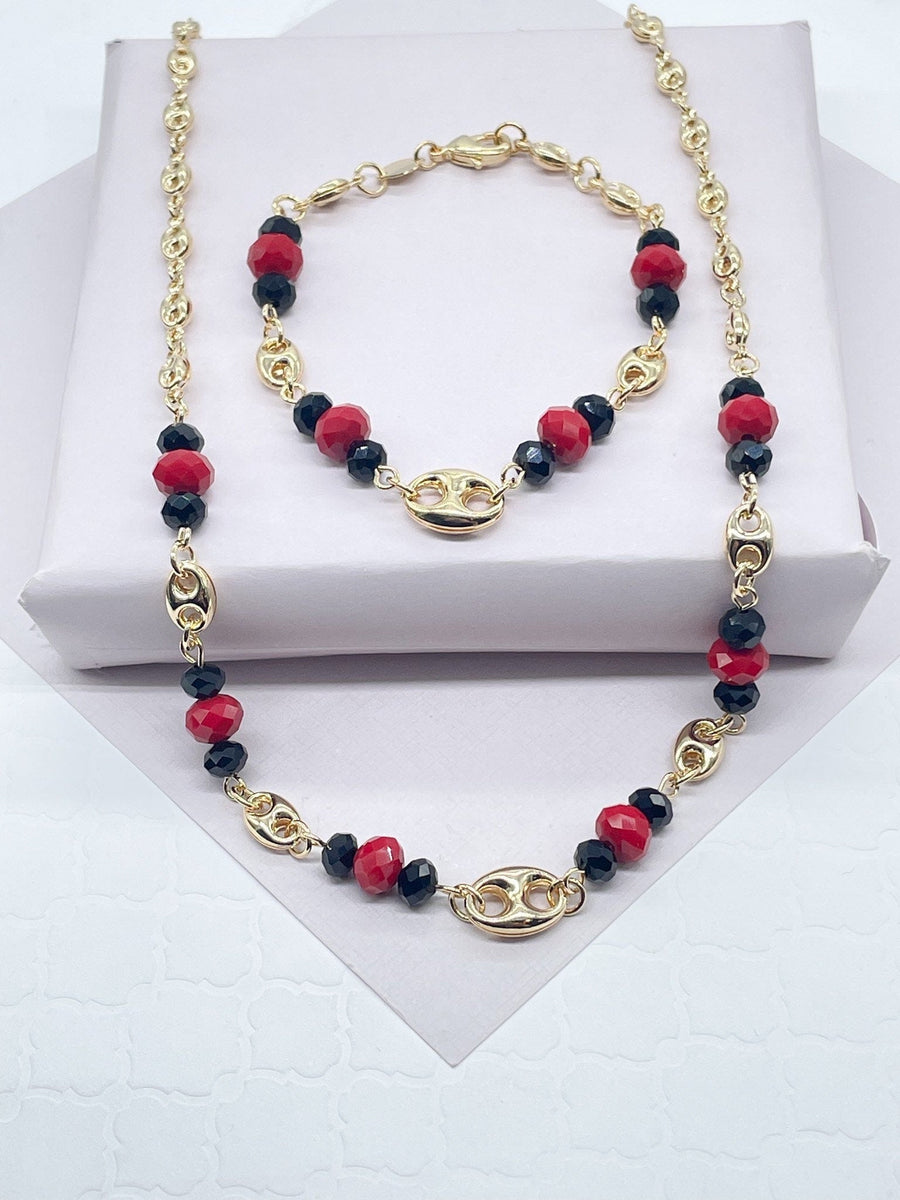 18k Gold Layered Puffy Mariner Link, Simulated Azabache, Red Shiny Bead Set,