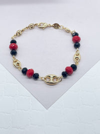 18k Gold Layered Puffy Mariner Link, Simulated Azabache, Red Shiny Bead Set,
