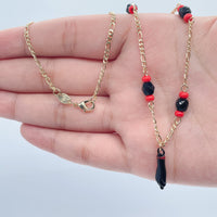 18k Gold Layered Figaro Necklace Featuring Black "Figa", Red Beads, Simulated