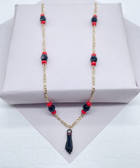 18k Gold Layered Figaro Necklace Featuring Black "Figa", Red Beads, Simulated