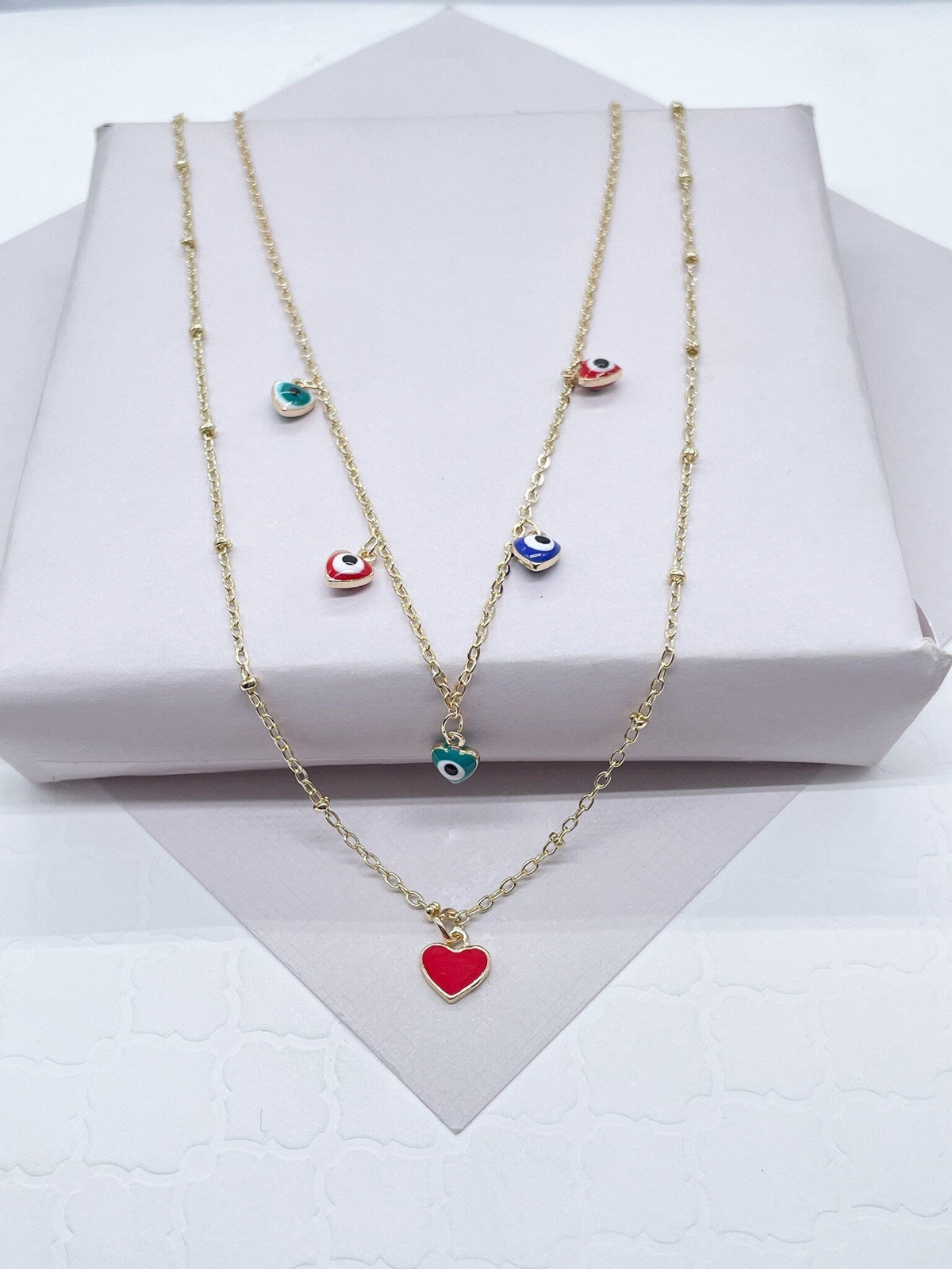 18k Gold Layered Layered Thin Satellite Chain Necklaces with 5 Colorful Evil Eyes