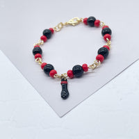 18k Gold Layered Kids Beaded Bracelet With Black "Figa" Hand & Simulated Azabache