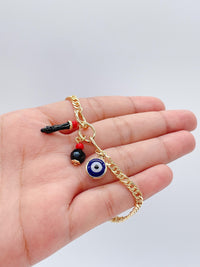 18k Gold Layered Double Cuban Link Bracelet With Blue Evil Eye, Simulate Azabache