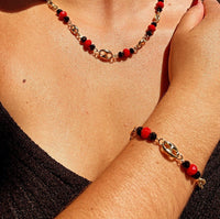 18k Gold Layered Puffy Mariner Link, Simulated Azabache, Red Shiny Bead Set,