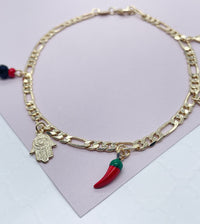 18k Gold Layered 4mm Figaro Link Charm Anklet Featuring Hamsa, Simulated
