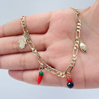 18k Gold Layered 4mm Figaro Link Charm Anklet Featuring Hamsa, Simulated