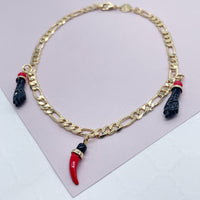 4mm 18k Gold Layered Figaro Charm Anklet Featuring Chili Luck & Black Figa Hand