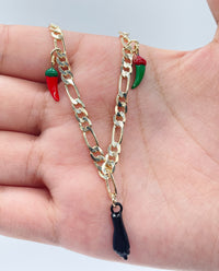 18k Gold Layered 4mm Figaro Charm Bracelet With Black Figa Hand and Black & Green