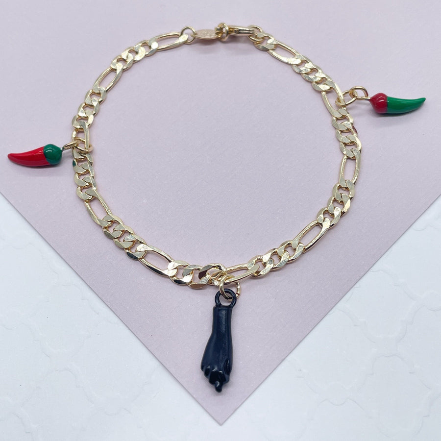 18k Gold Layered 4mm Figaro Charm Bracelet With Black Figa Hand and Black & Green